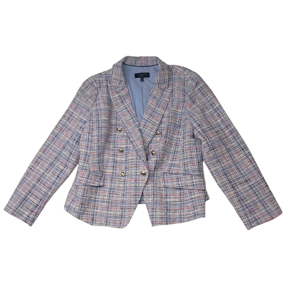 Talbots Blazer Jacket Women 14 Petite Blue Tweed Plaid Double Breasted Preppy